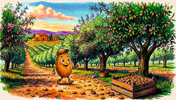 Illustrated orchard with a cheerful almond character, printed on the back of the PANASH HARVEST Almond Kernels carton