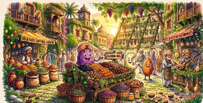 Illustrated bazaar scene with dry fruit stalls, printed on the back of the PANASH HARVEST Raisins carton